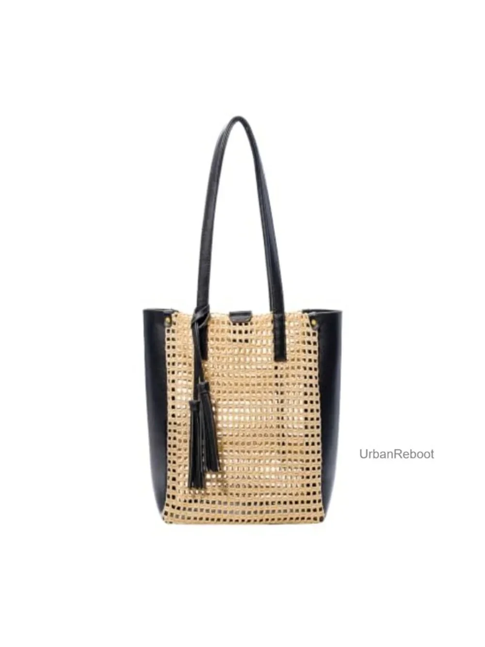 Woven Raffa Straw Tote Bag with Tassel, Vegan Leather Shoulder Handbag
